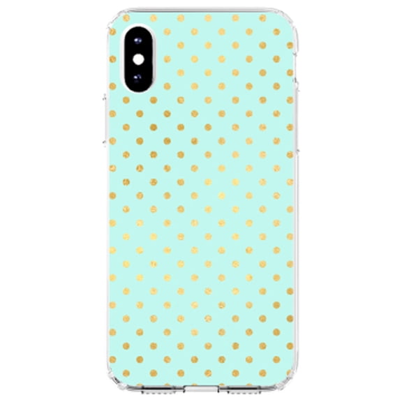 DistinctInk Clear Shockproof Hybrid Case for iPhone XS Max (6.5" Screen) - TPU Bumper, Acrylic Back, Tempered Glass Screen Protector - Teal & Gold Polka Dot Pattern
