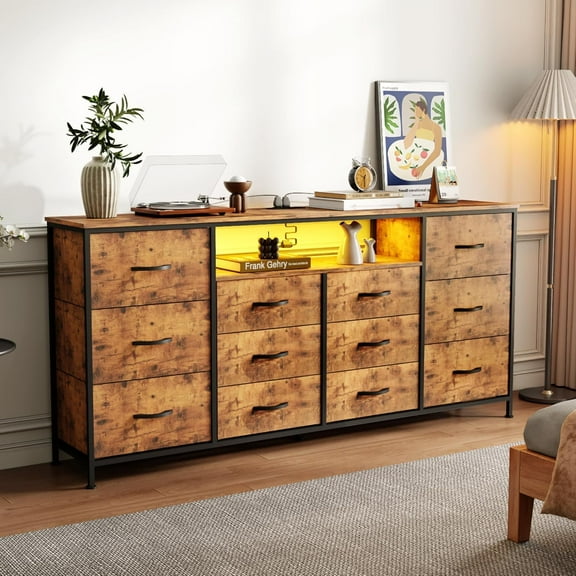 63" Dresser TV Stand for 65 70 75 Inch TV, Fabric Chest of Drawers with Charging Station, LED Lights, Open Shelves & 12 Drawer Dresser, Modern Entertainment Center
