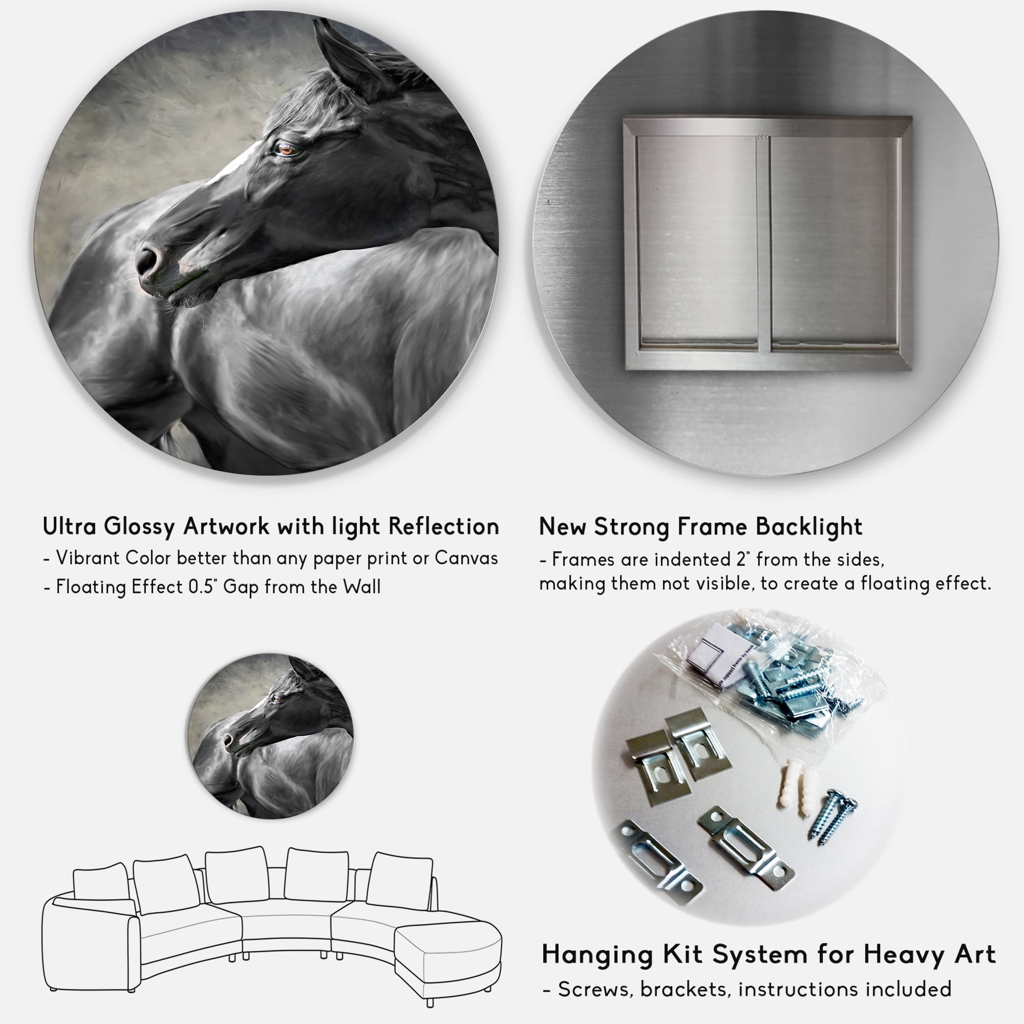 Designart 'Close Up Of A Black Horse' Farmhouse Circle Metal Wall Art 23x23 - Disc of 23