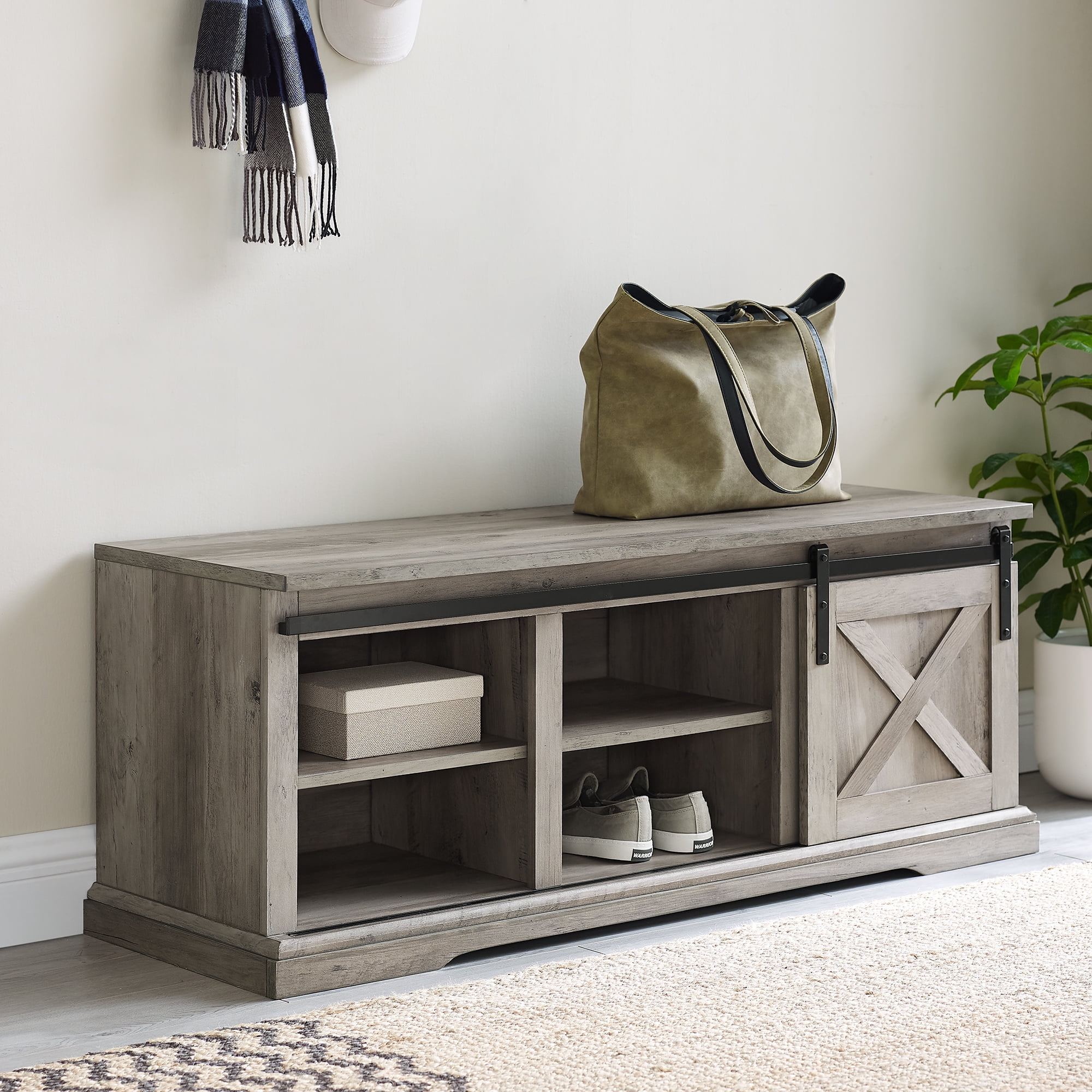 Derry Sliding Barn Door Grey Wash Entryway Storage Bench by Manor Park ...