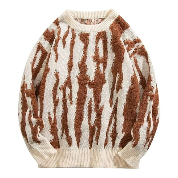 Mens Sweater, Autumn Winter Vintage Irregular Striped Loose Round Neck Pullover Knitted Sweater Jacket, Retro Style, Daily Casual Wear, Soft Fabric, Men's Clothing