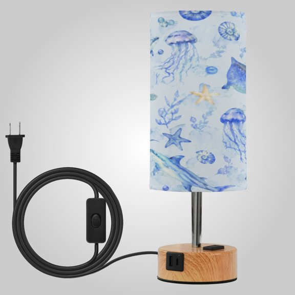 Touch-Control 3-Color Desk Lamp with Plug – Energy-Saving LED 3 Simultaneous Charging Ports Blue Ocean Life Watercolor Artistic