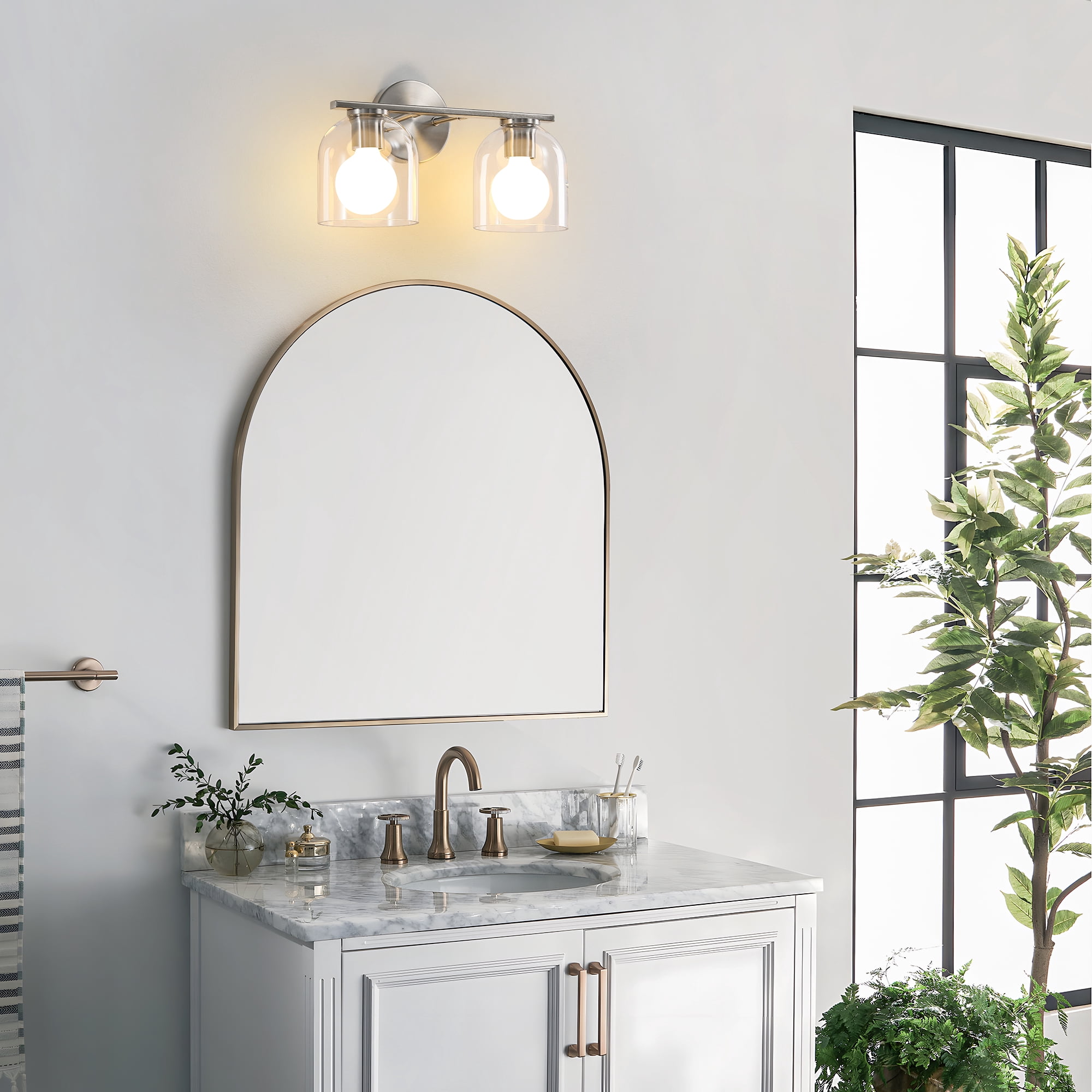 Modern Bathroom Light Fixtures, 2 Light Vanity Lights Over Mirror, Brushed Nickel Wall Lamp with Clear Glass Shade for Living Room Cabinet Bedroom Porch