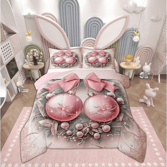 Feelyou Pink Xmas Ball Bedding Comforter Set, Dreamy Christmas Plant Botanical Twin Comforter Sets, Teen Kid Boy Girl Reversible Bedding Set, Lightweight Room Decor, 2pcs