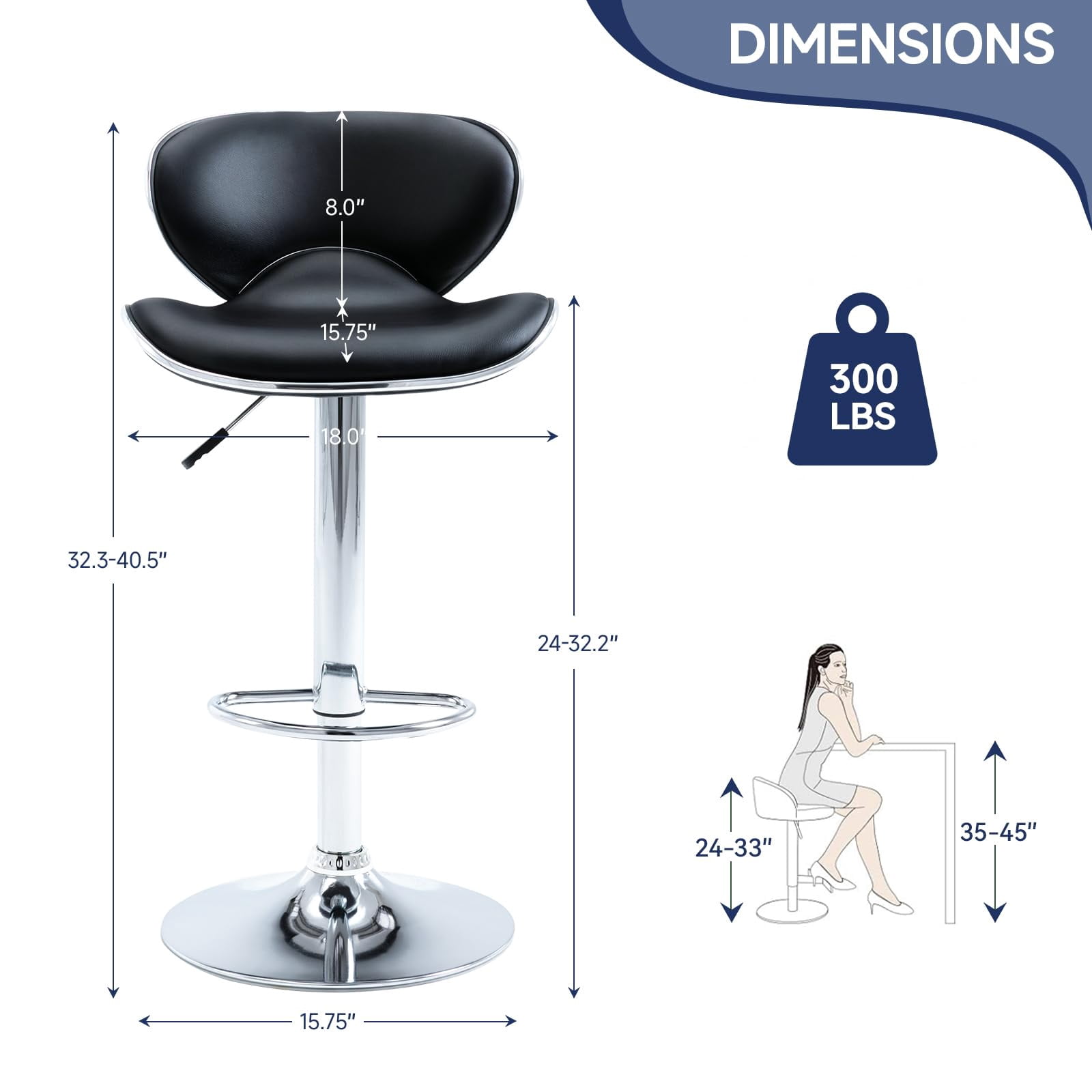 Adjustable Swivel Bar Stools Set of 2 , Modern PU Leather Upholstered Bar Chairs with Chrome Base for Kitchen Island, Dining Room, Pub, Counter (Black,Silver Base)
