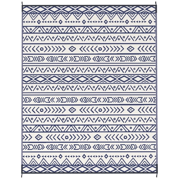 Reversible Waterproof Outdoor Rug 8x10 Feet Blue White Geometric Design Plastic Straw with Carry Bag
