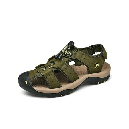 

SIMANLAN Men s Sandals Leather Closed Toe Beach Sandal Outdoor Summer Sport Hiking Shoes Army Green Size 8