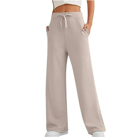 Nokdvo Womens Wide Leg Sweats Pants Sherpa Elastic Waisted Drawstring Sports Trousers Fall Winter Casual Solid Color Trousers with Pocket Khaki XL