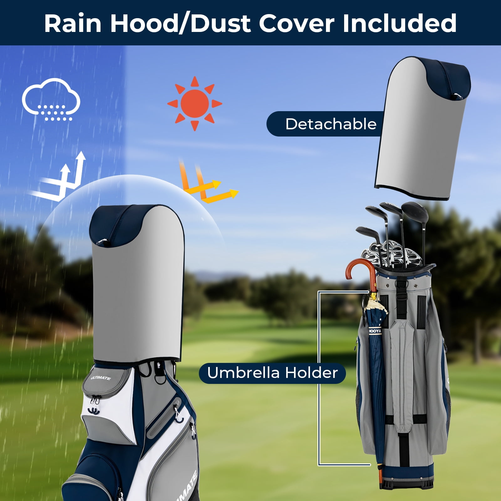 Topbuy Golf Cart Bag Top Golf Clubs Organizer with Pockets Including Waterproof Valuable Pockets Rain Hood and Shoulder Strap Navy + Gray