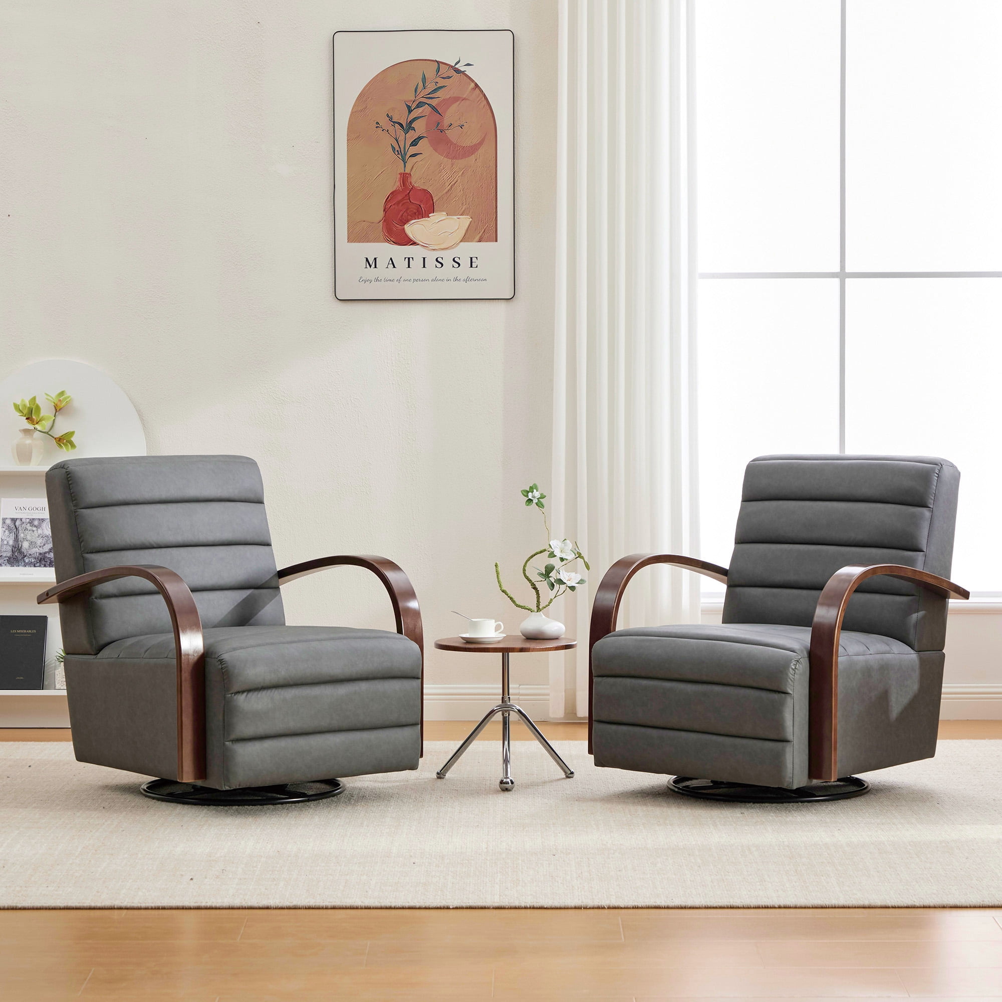 360° Swivel Accent Chair with Solid Wood Armrests,30.7"W PU Lounge Reading Chair Single Sofa Armchair for Bedroom Living Room Office,Gray