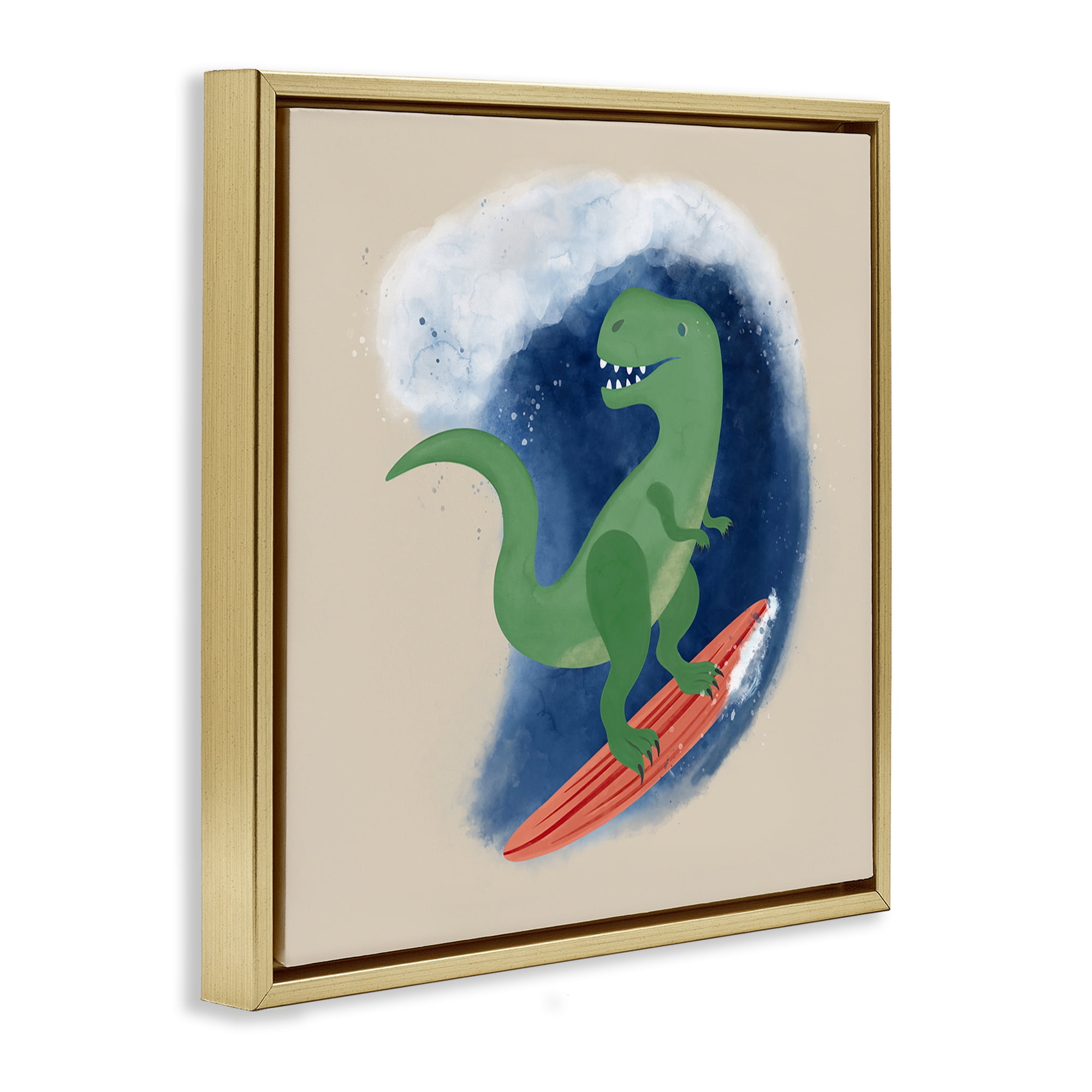 Stupell Industries Surfing Dino T-Rex Novelty & Humor Painting Gold Floater Framed Canvas Art Print Wall Art, 25 x 25