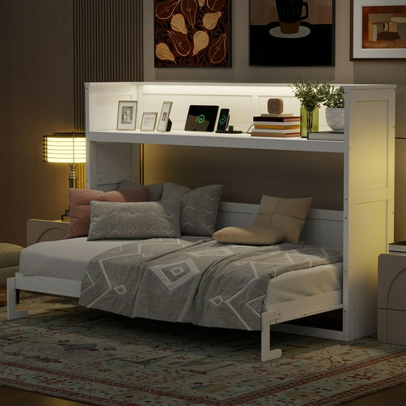 Euroco Wood Twin XL Murphy Bed with Desk and LED Light, Storage Wall Bed with USB Charging Station