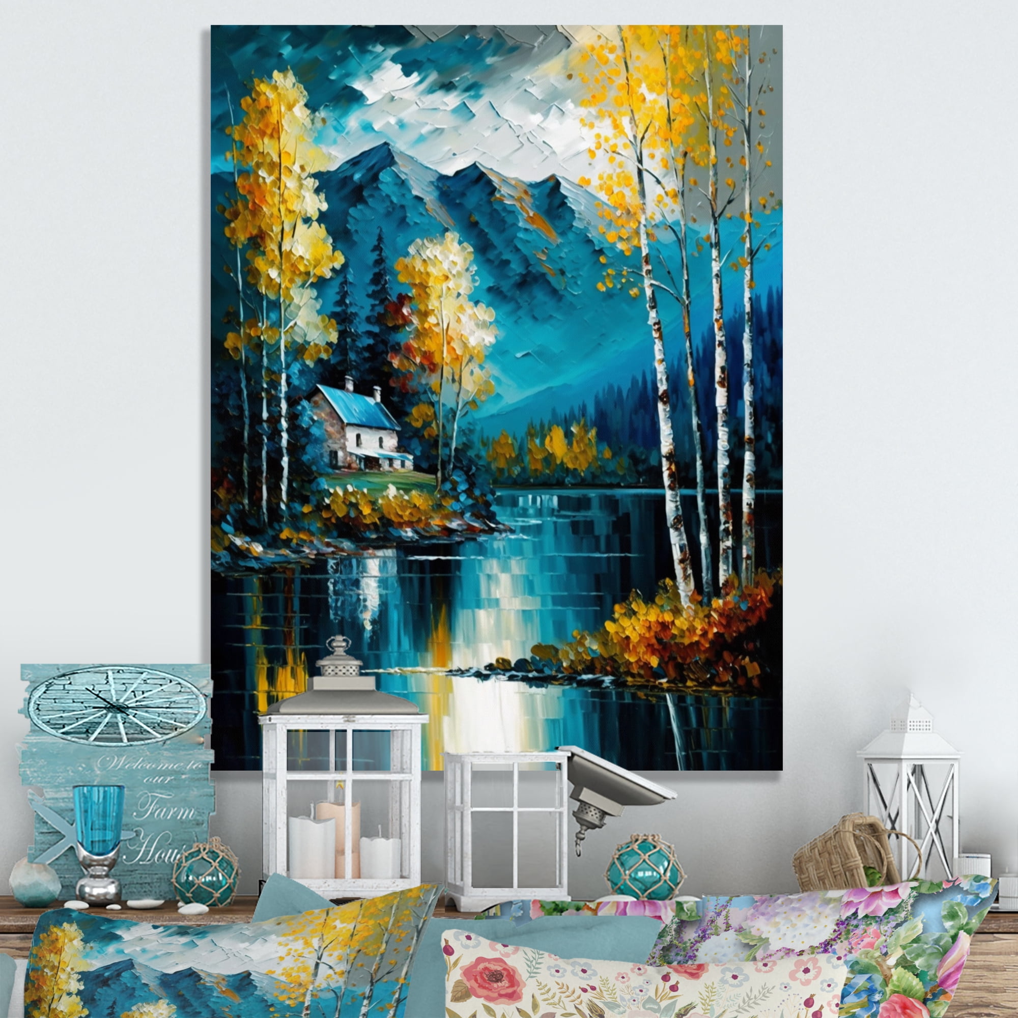 Designart Cabin By A Lake In Fall I Canvas Wall Art