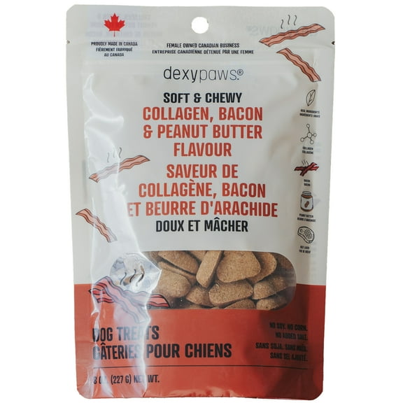 Dexypaws: Soft & Chewy - Collagen, Bacon & Peanut Butter - 8oz, Dog Treats, Joint Support, Skin & Coat Health, Pet Snack, Training & Reward Bites