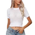 thumbnail image 2 of Njoeus Women Summer Short Sleeve Knit Sweater Crop Tops Crochet Hollow Out Crew Neck Shirts Casual Tops Sweaters Blouse, 2 of 7
