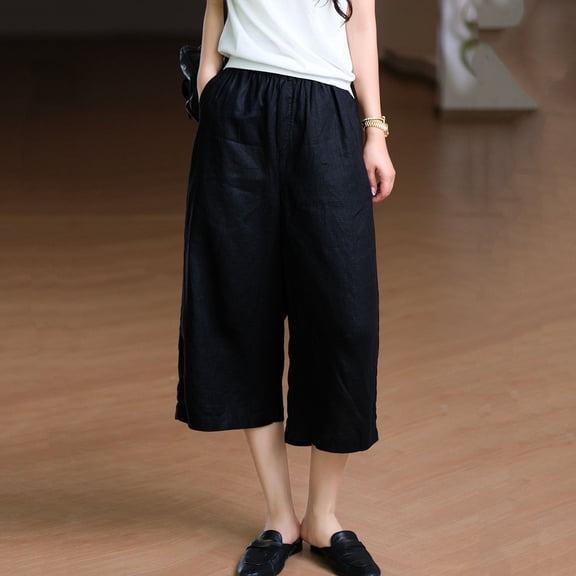 Mifsaly Flowy Capri Pants for Women High Waisted Wide Leg Culottes with Pockets Lightweight Breathable Summer Casual Work office Wear Outfits Black,XXXXL