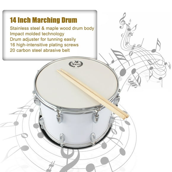 14in Marching Drum Stainless Steel & Maple Wood Body PVC Drumhead with Sticks Shoulder Strap Key for Student Professional Drummer