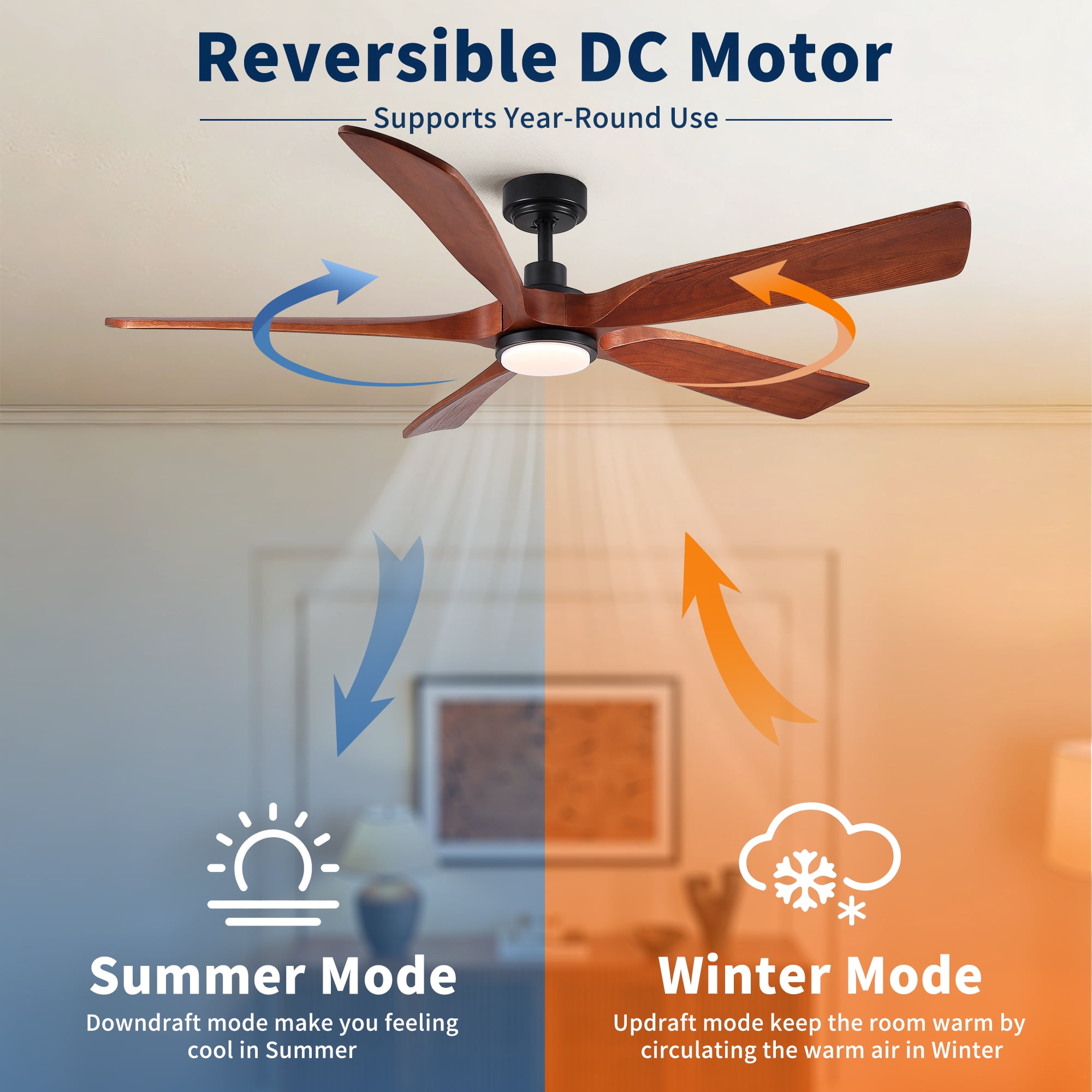 60" Vintage Mahogany Solid Wood Ceiling Fan with Light and Remote Control, Noiseless, Dimmable, 3CCT, 6 Speeds Reversible, Quiet DC Ceiling Fans for Indoor or Covered Outdoor Use