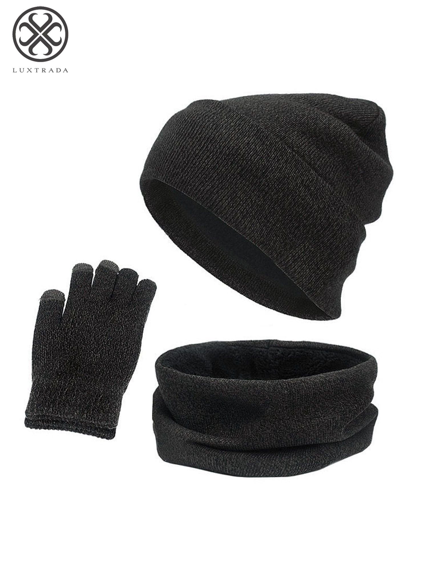 Men Winter Warm Beanie Hat Women Scarf Touch Screen Gloves 3 Pieces Set