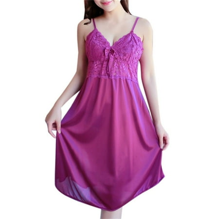 GENGING Womens Nightdress Womens Silk Lace Bow Temptation Lingerie Sleepwear Underwear Nightdress