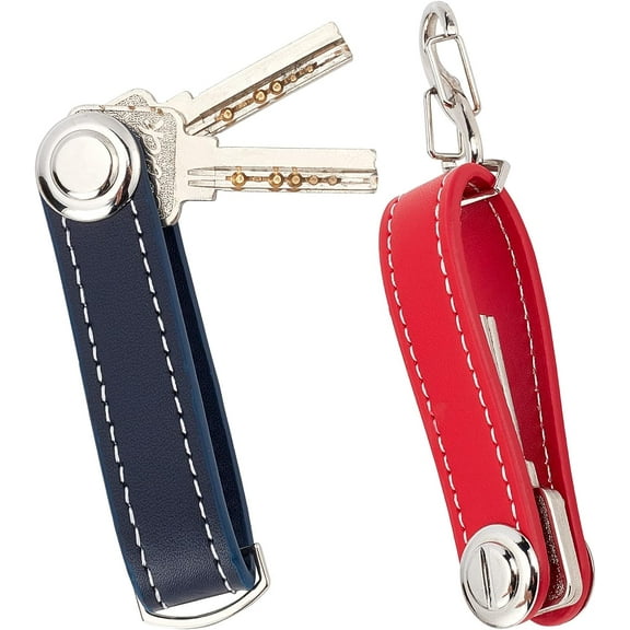 2PCS Leather Key Organizer Keychain Compact Key Holder Folding Pocket Key Holder up to 16 Keys for Mens with Stainless Steel Multi-Tool（Blue red