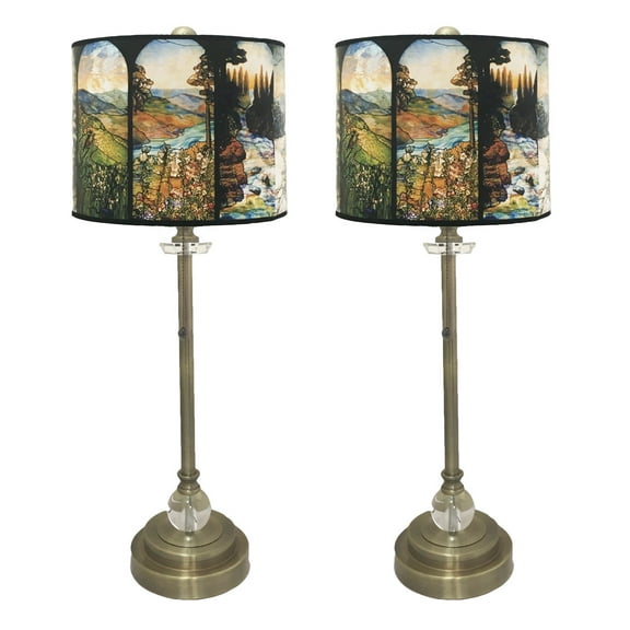 Royal Designs 28" Crystal and Antique Brass Buffet Lamp with Four Seasons Stained Glass Design Hard Back Lamp Shade, Set of 2
