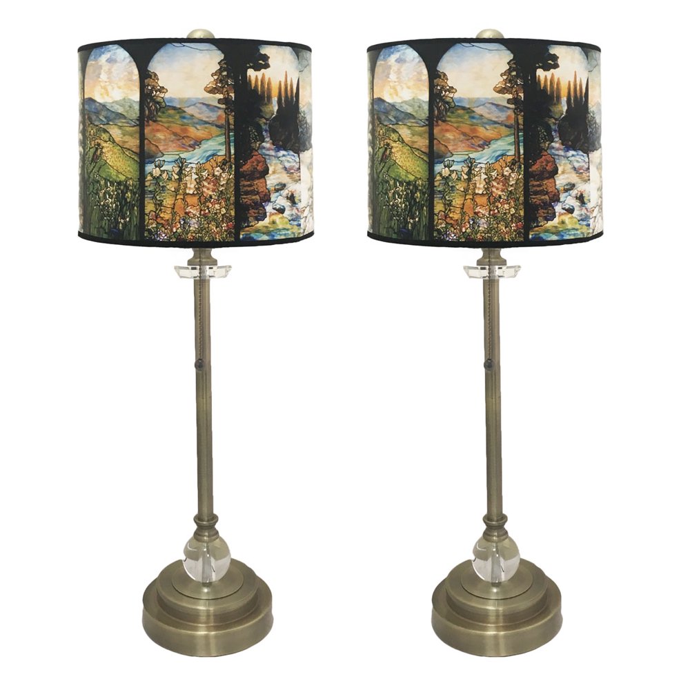 Royal Designs 28" Crystal and Antique Brass Buffet Lamp with Four Seasons Stained Glass Design