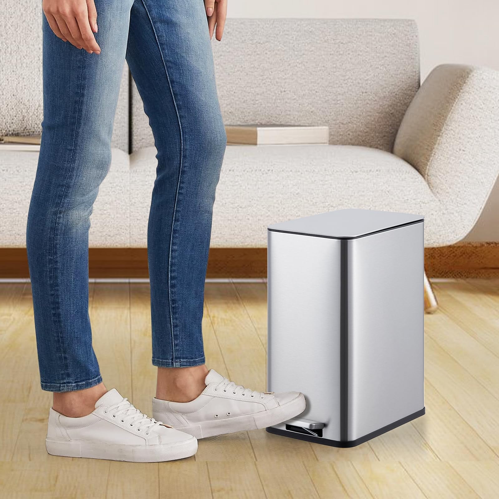 Danolapsi Bathroom Trash Can,2.6-Gallon (10 L) Small Bathroom Step Trash Can with Lid Soft Close,Step Pedal,with Removable Inner Bucket,Brushed Stainless Steel