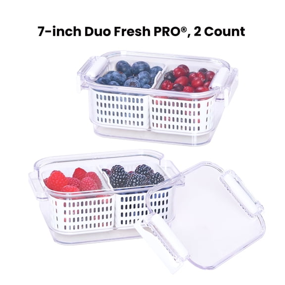 Felli Duo-Fresh Pro 7-Inch Fridge Storage Container, Clear/White – 2-Pack, BPA-Free, Adjustable Vent & Built-in Strainer