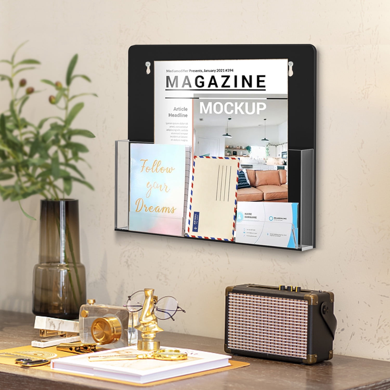 2Pack Magnetic File Organizer - Clear Acrylic Hanging Wall File Holder, Wall Mount Folder Mail Document Magazine Holder for Office, Fridge, Whiteboard, Black Back