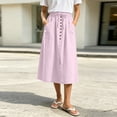 thumbnail image 3 of STETMN Women's Midi Skirt,Drawstring Waist, Button Trim, A-Line Cotton Linen Casual Skirt with Pockets, 3 of 8