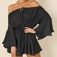 thumbnail image 2 of Womens Summer Off the Shoulder Jumpsuits Cotton Linen Short Rompers Long Sleeve Elastic Drawstring Tiered Flowy Jumpsuit, 2 of 5
