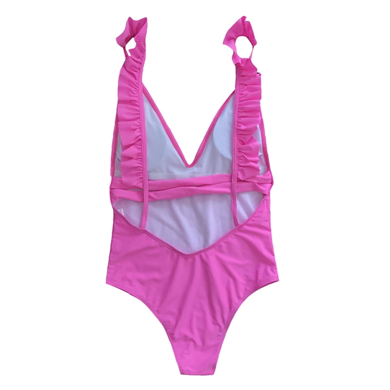 Women Open Back One Piece Swimsuit Ruffles Deep V Neck Tankini Swimwear