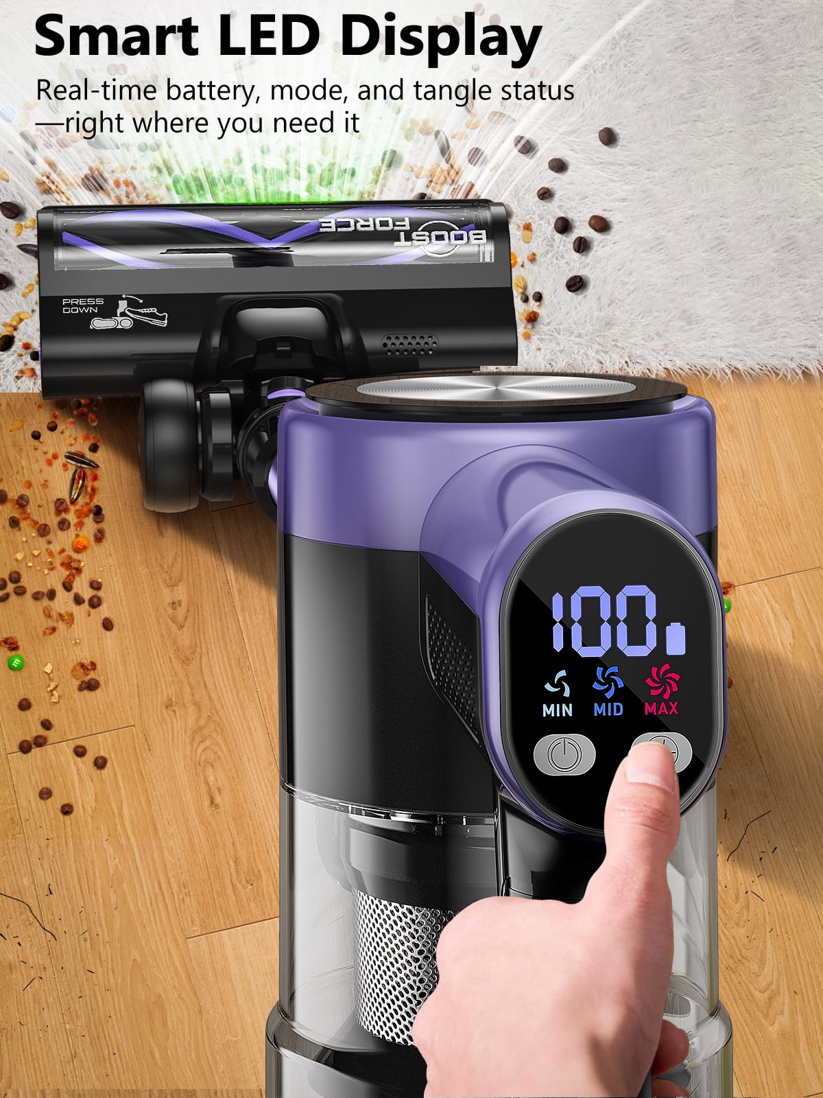 H28 Cordless Stick Vacuum Cleaner, 500W Brushless Motor, Self-Standing, Wall Charging, 55 Min Runtime, Lightweight for Hard Floors & Carpets, Purple