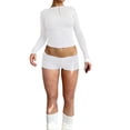 thumbnail image 2 of Diconna Ensemble de Vêtements pour Femmes Shorts Automne Couleur Unie Ajusté Col Rond Manches Longues Crop Tops Shorts 2 Pcs, 2 of 5