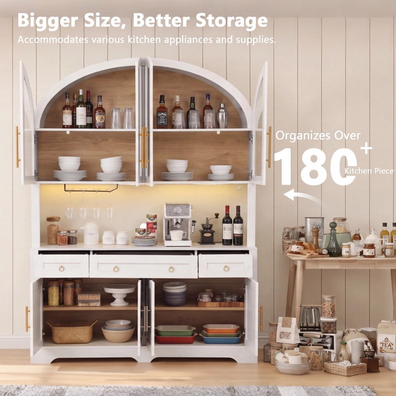 Arched Kitchen Pantry Cabinet with LED Lights & Charging Station, 55" Farmhouse Hutch Storage Cabinet with Glass Doors, Drawers, Adjustable Shelves & Barn Doors for Kitchen, Dining Room
