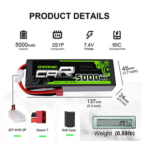 Ovonic 2S Lipo Battery 50C 5000mAh 7.4V Lipo Battery with Dean-Style T  Connector for RC Car Truck Boat Vehicles