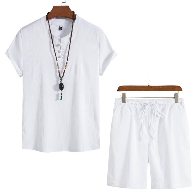 Weiqiqre Men's 2 Piece Outfits Linen Set Short Sleeve Shirt Top and Drawstring Waist Vacation Short Sets