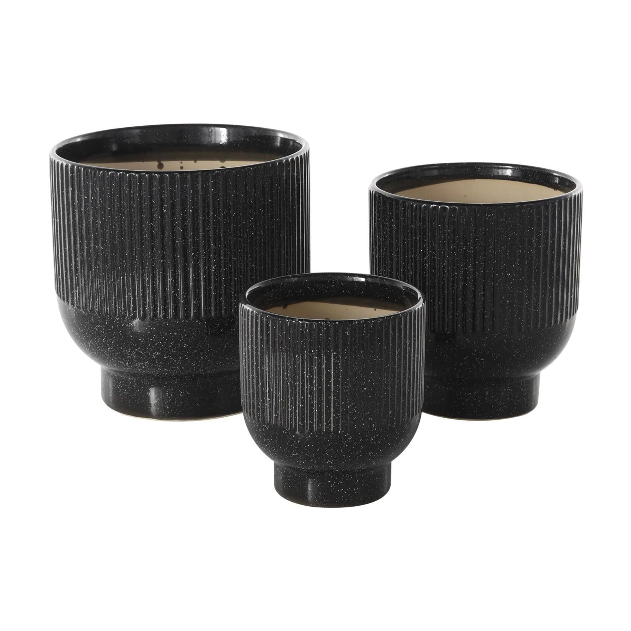 DecMode 9", 8", 6"H Speckled Black Ceramic Planter with Linear Grooves and Tapered Bases (3 Count)
