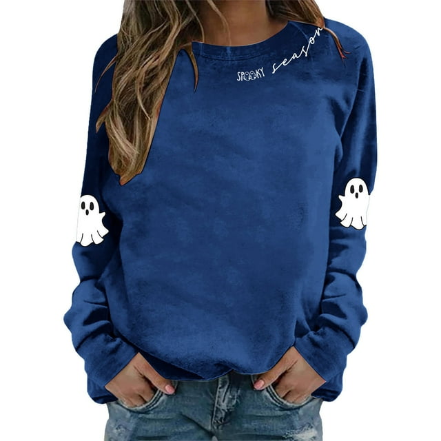HUITKMM Chandail à Capuche pour Femmes Imprimé Halloween Manches Longues Sans Capuche Mode Automne Décontracté Col Rond Chandail Graphique pour Automne Hiver