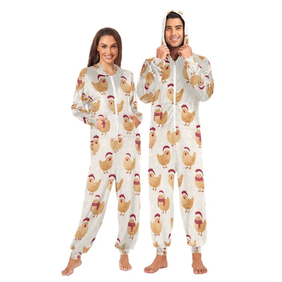 Adult Christmas Onesie Brown Chicks Zipper One-Piece Pajamas Unisex with Pockets