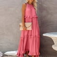 thumbnail image 5 of Womens Dresses Summer Sleeveless Long Solid Color Loose Halter Neck Ruffle Maxi Beach Casual Dress Pink M, 5 of 8