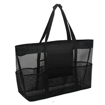 Mesh Beach Bag, Extra Large Heavy Duty Grocery & Picnic Gym Toy Tote Bag with Zipper Closure Anti-Rip Handles 8 Oversized Pockets Zipper (Best Gym Tote Bags)