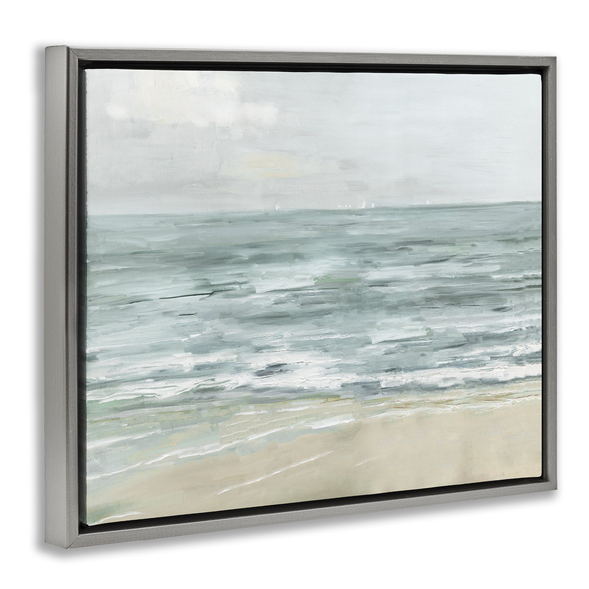 Stupell Industries Brushed Beach Waves Landscape Painting Gray Floater Framed Canvas Art Print Wall Art, 31 x 25
