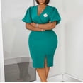 thumbnail image 2 of AURA Womens V Neck Pencil Midi Dress Lantern Short Sleeve High Waist Slit Elegant Work Office Summer Dress with Brooch, 2 of 4