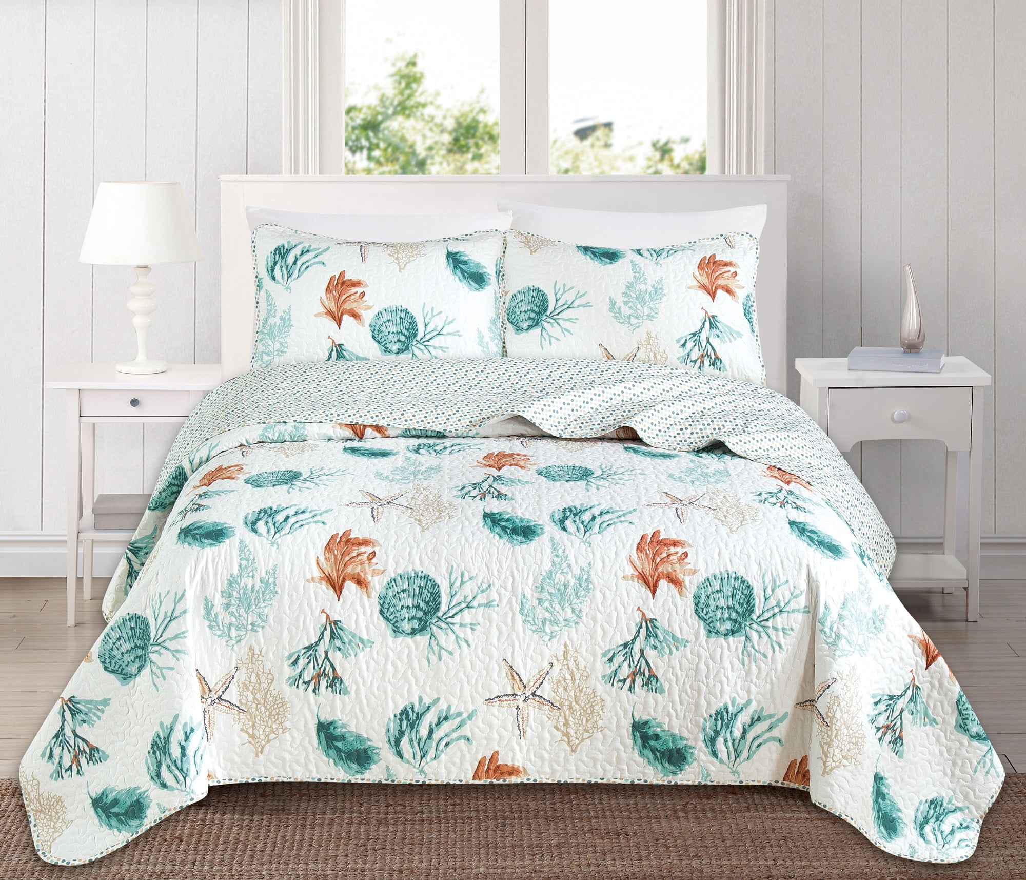 Great Bay Home Key West Coastal Printed 3Piece Reversible Quilt Set