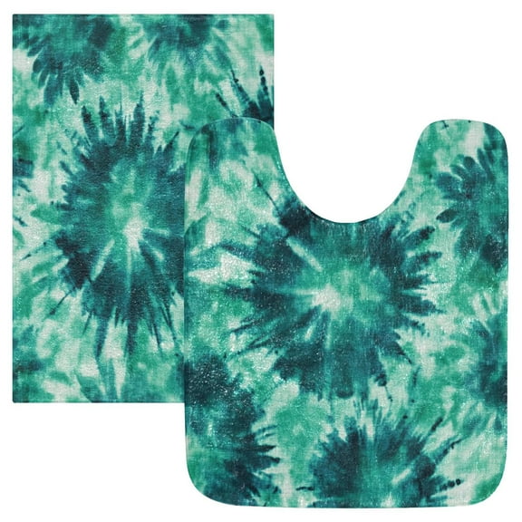 2 Piece Soft Bathroom Rug Set Dark Teal Tie-dye Pattern Bath Mat and U-Shaped Toilet Contour Rug (16"x24" 20"x24")