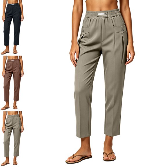 MLCDZ Women's Summer Elastic High Waisted Plus Size Capri Pants for Women Lightweight Baggy Casual Ankle Length Capris Multiple Pockets Work Office Slacks