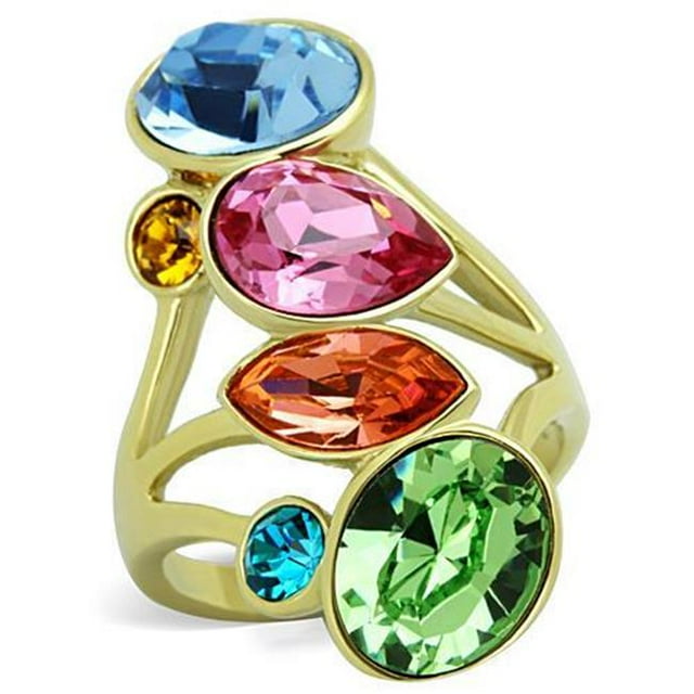 Alamode TK1729-7 Bague en Acier Inoxydable Or IP pour Femmes avec Cristal de Qualité Supérieure Multicolore - Taille 7