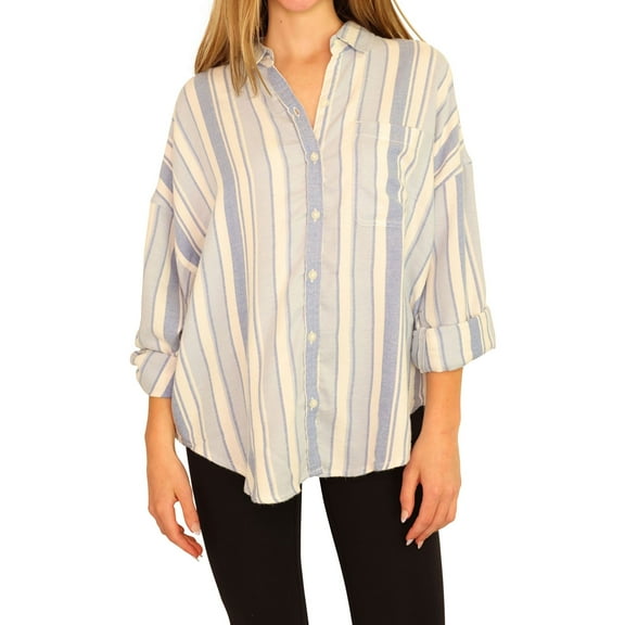 American Eagle Womens Stripe Button Up Shirt, Blue, Small